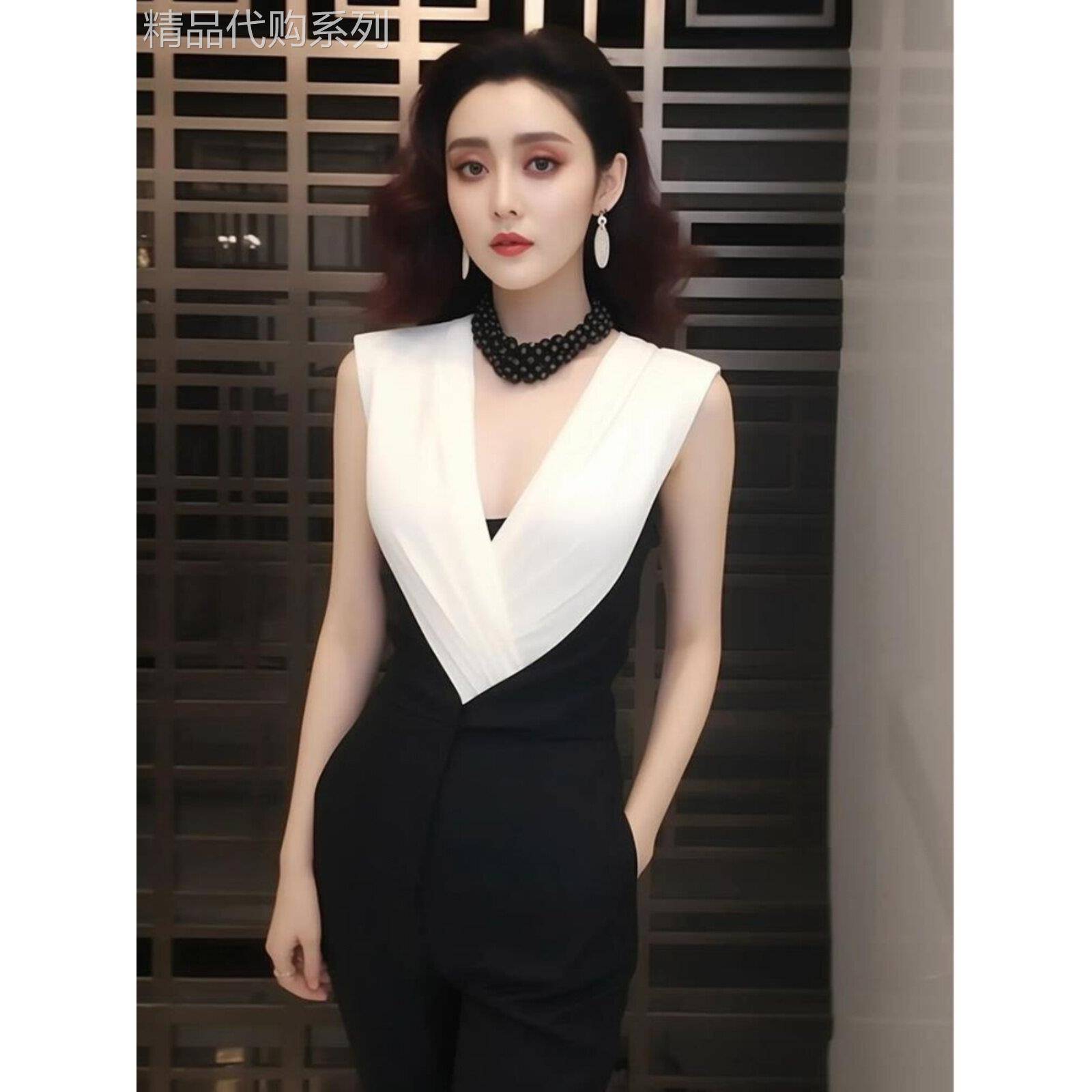 对比色V领无袖一件式阔腿裤夏季欧洲风格拼接高腰修身Look束腰优
