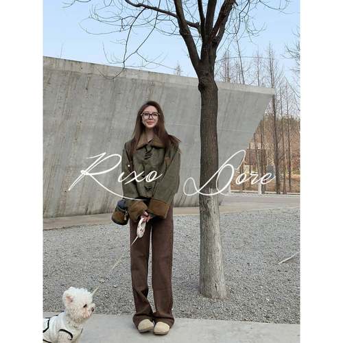 RIXO DORE法式皮毛拼接一体牛角扣外套女显瘦宽松垂感阔腿裤套装