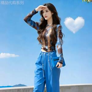 Fashion Master时尚大师圆领长袖上衣搭韩版设计感蓝色阔腿裤春