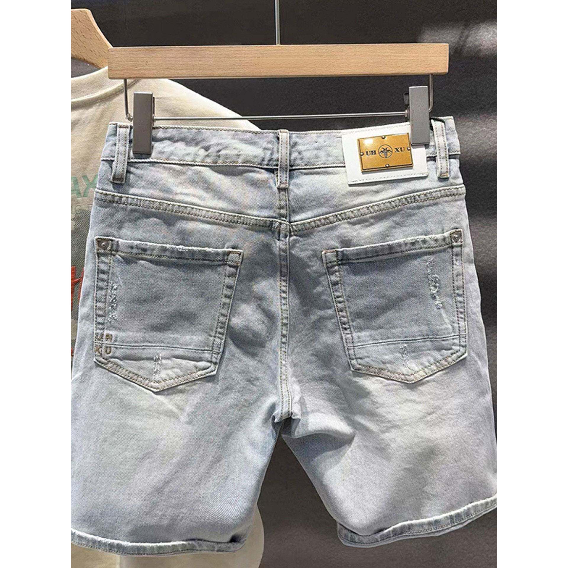 香港时尚品牌经典绣花破洞牛仔短裤男士夏季时髦帅气中裤时尚休闲