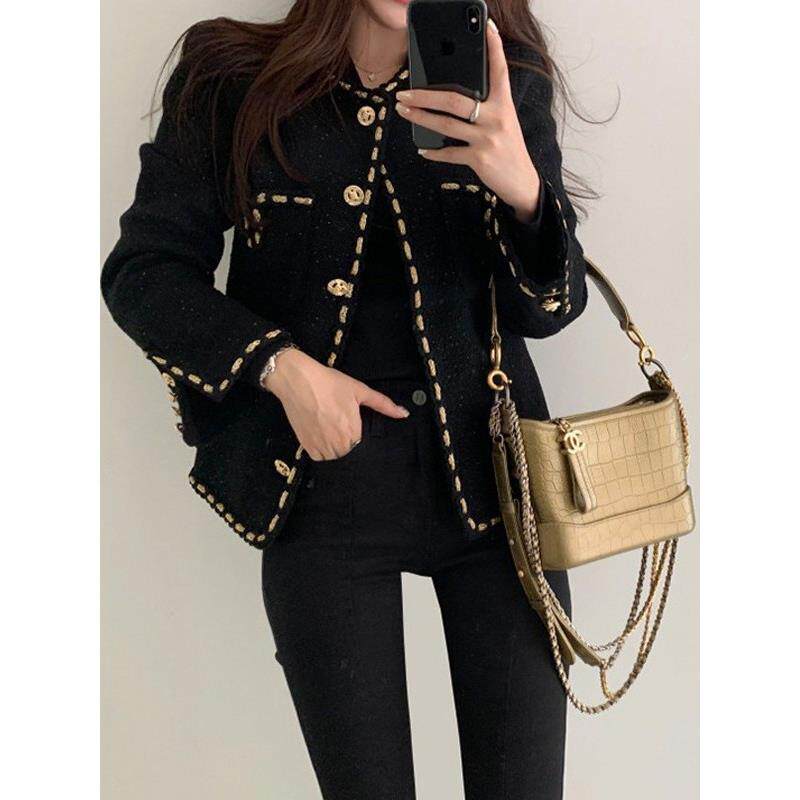 香港黑色粗花呢金丝覆古西装外套女款秋冬小个子休闲百搭短款上衣