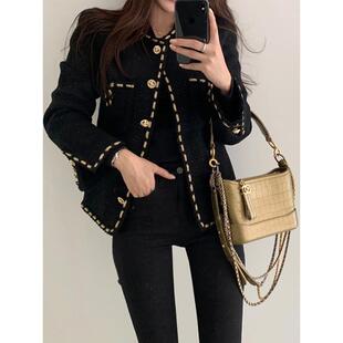 上衣 秋冬小个子休闲百搭短款 香港黑色粗花呢金丝覆古西装 外套女款