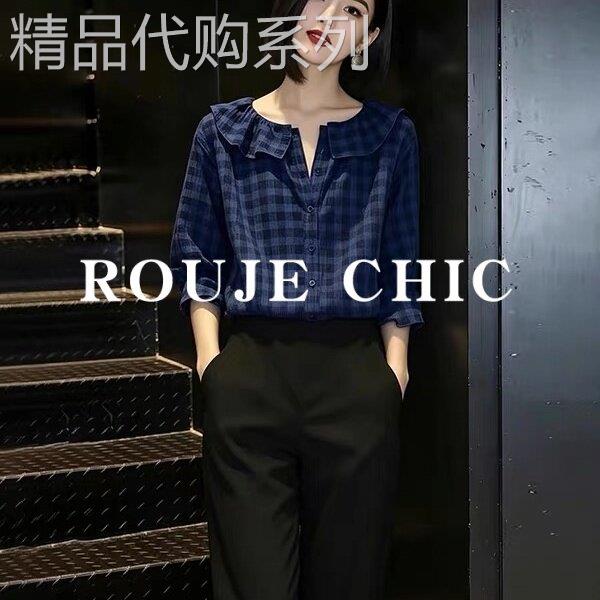 法国rouje chic法式复古风蓝色格子撞色衬衫女夏季宽松娃娃领上衣