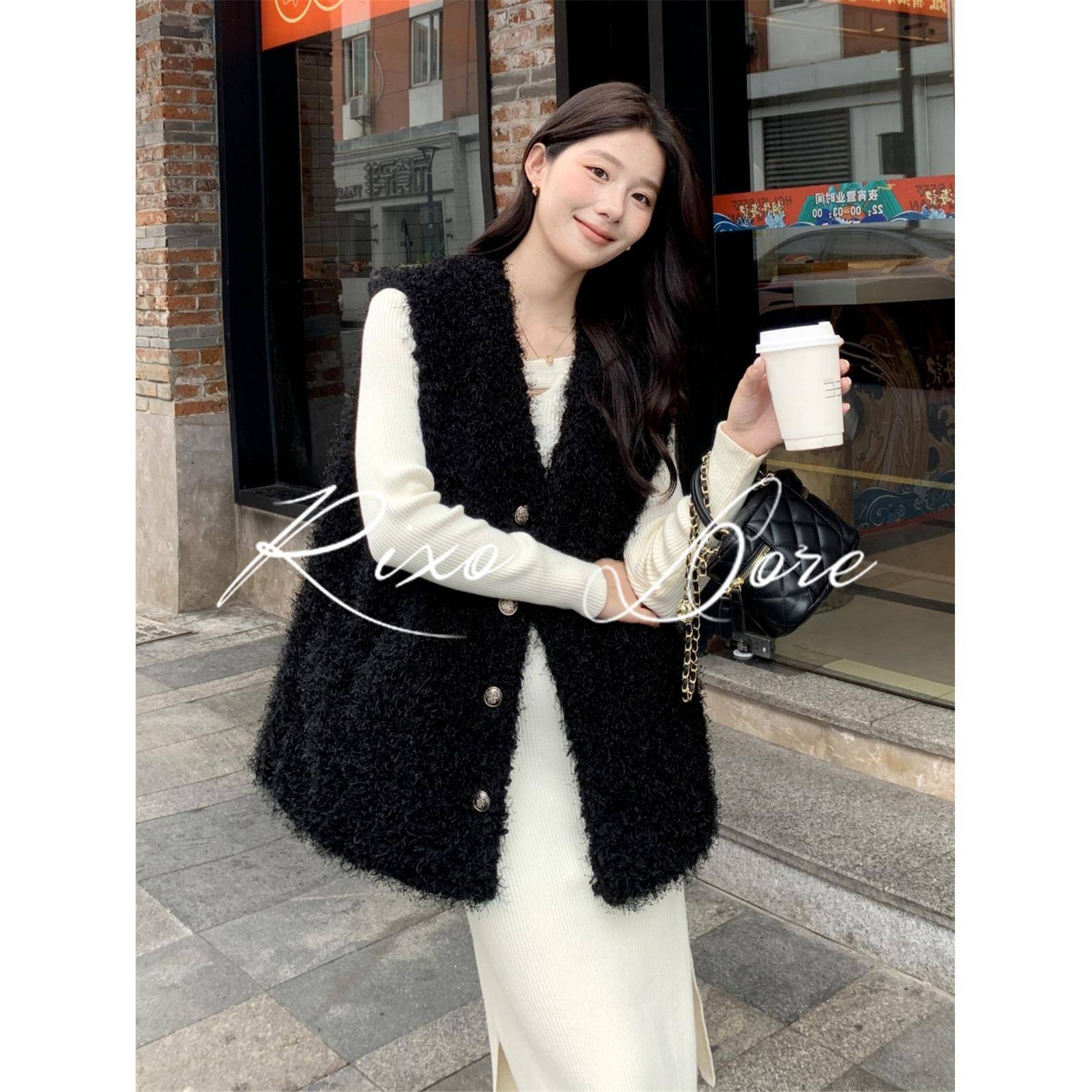 RIXO DORE法式羊羔毛马甲女秋冬季新款加绒外套时尚毛毛马夹背心