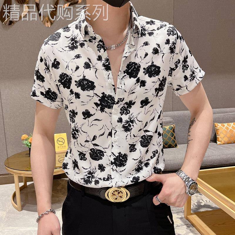 潮牌冰丝印花短袖衬衫男夏季薄款韩版修身帅气高级感免熨烫休闲衬