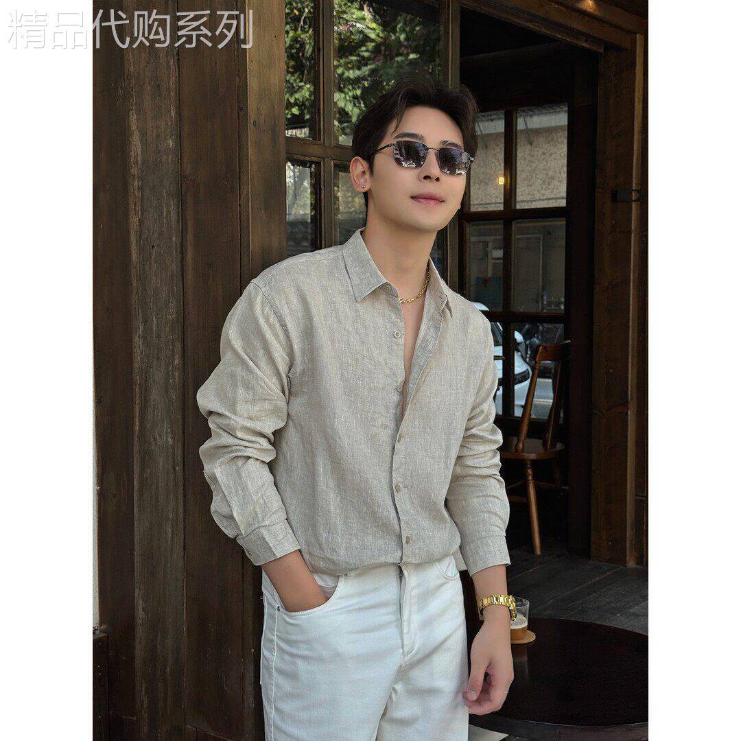 复古老钱风麻本色亚麻衬衫男士长袖夏季薄款宽松休闲衬衣防晒外套