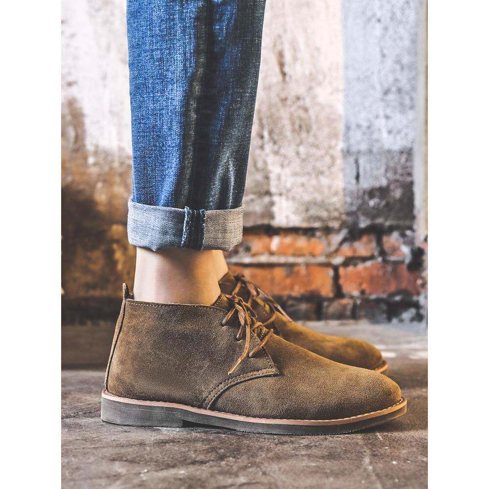 潮牌马丁靴男秋冬季英伦风牛皮男靴子覆古休闲高帮鞋真皮中帮潮靴