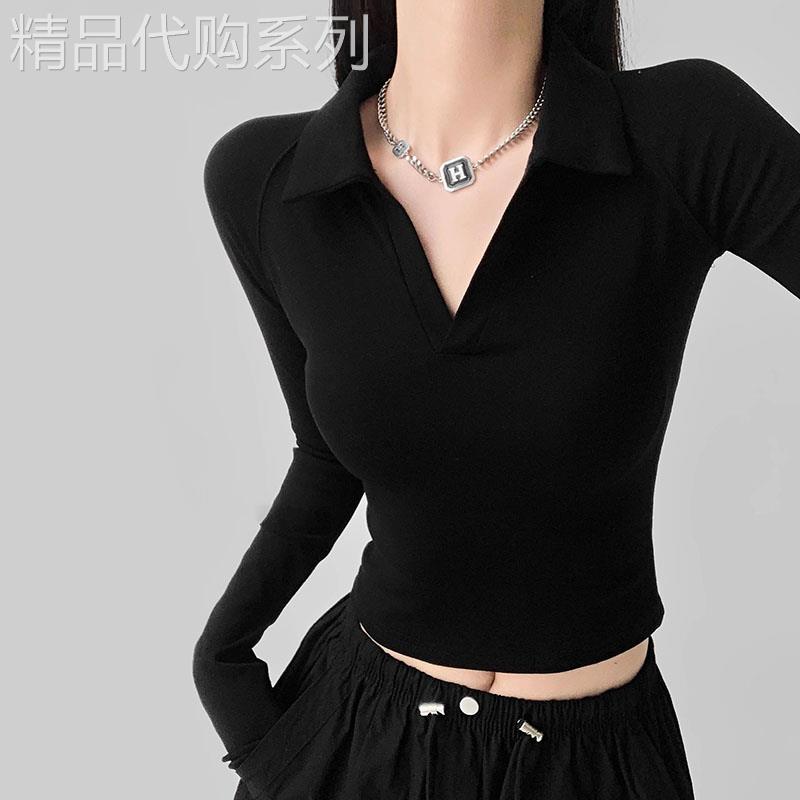 欧美辣妹性感V领打底衫上衣春秋新款显瘦修身polo衫纯欲风长袖T恤