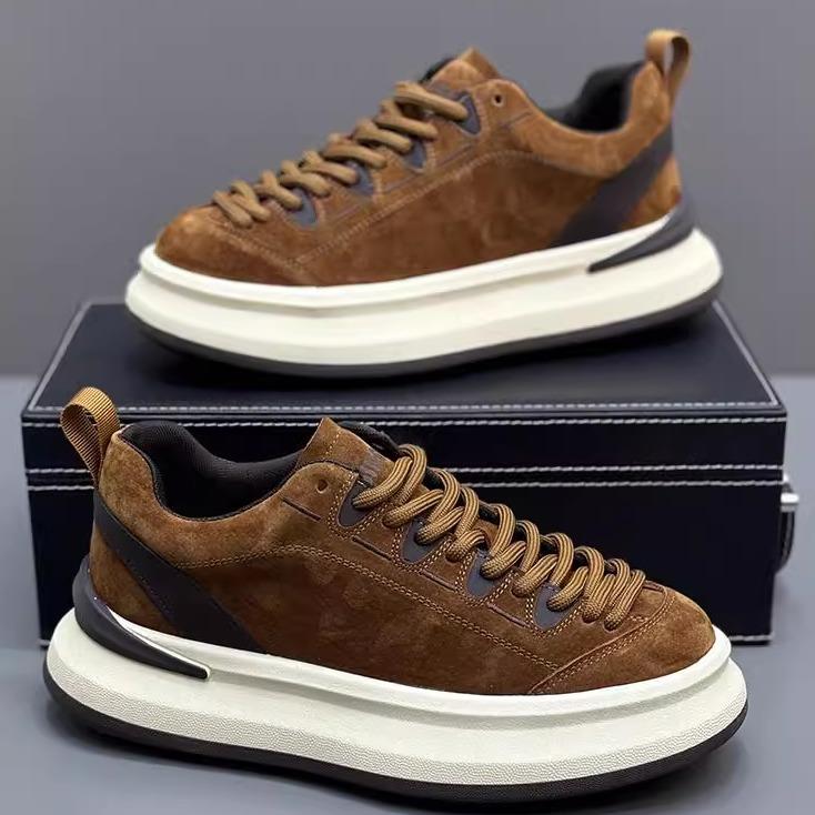 翻毛皮男鞋春秋2025新款低帮休闲鞋男士厚底面包鞋覆古百搭老爹鞋