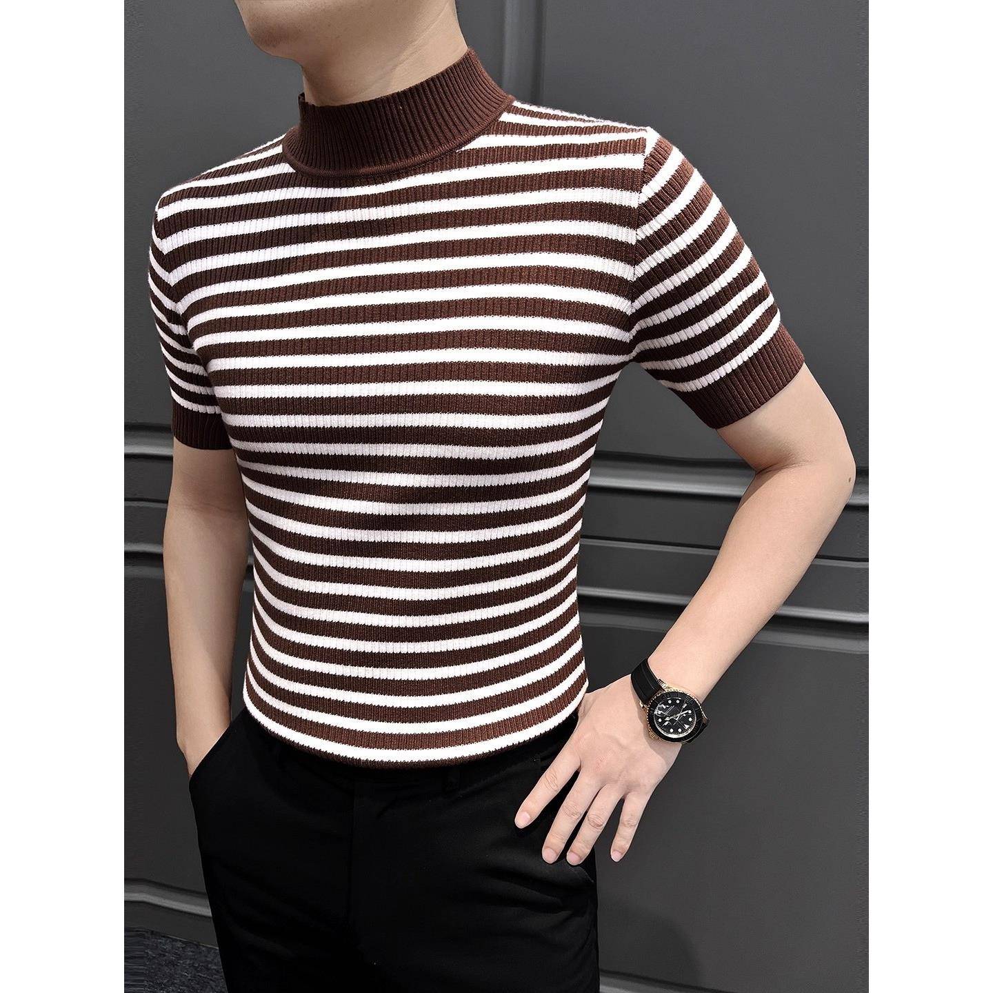 条纹半高领打底衫男款2025新款秋冬季内搭高级感针织衫短袖男t恤