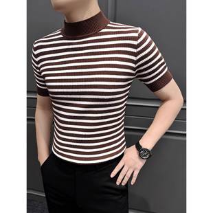 条纹半高领打底衫男款2025新款秋冬季内搭高级感针织衫短袖男t恤