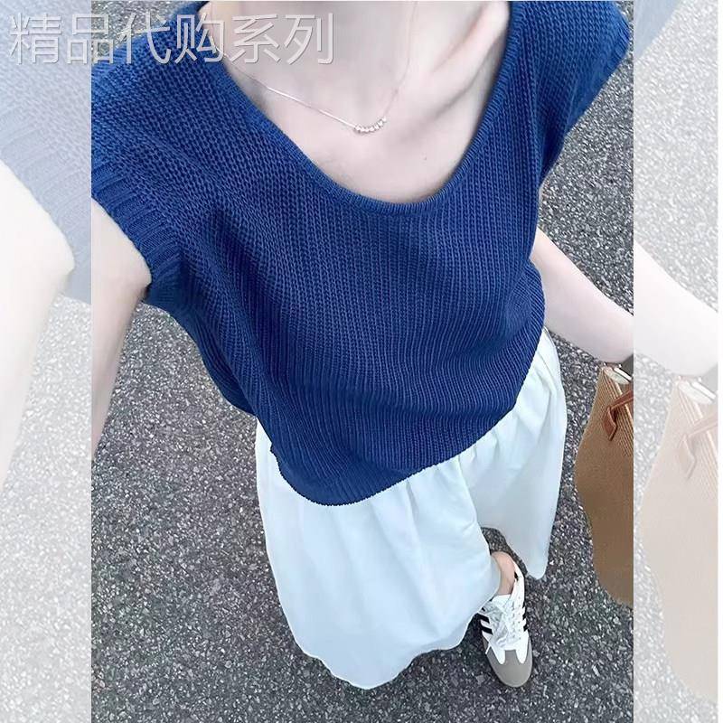 欧洲站蓝色圆领冰丝针织T恤女2026新款春夏季薄外穿无袖背心上衣