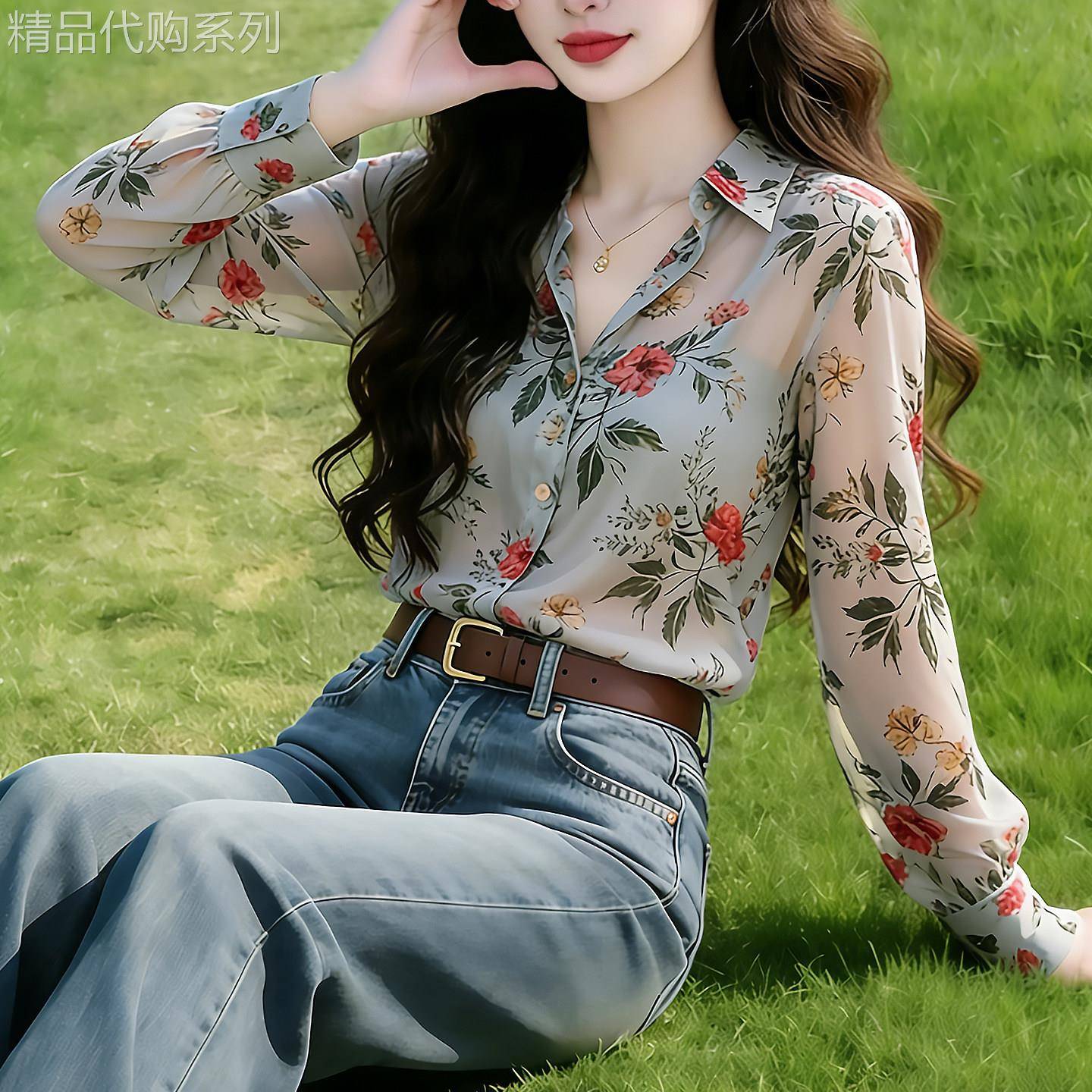 Fashion Master时尚大师气质港风碎花雪纺衬衫搭显瘦直筒牛仔裤春