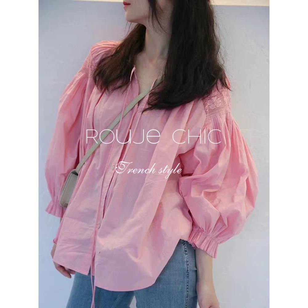 法国rouje chic法式别致高级感粉色系带灯笼袖衬衫女夏季薄款衬衣