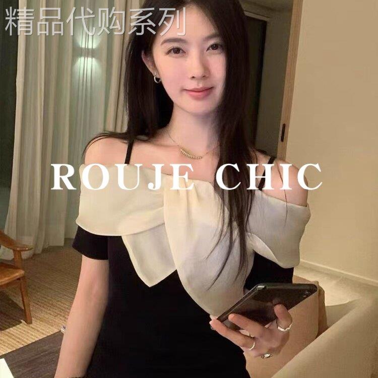 法国rouje chic设计感一字肩蝴蝶结吊带短袖T恤女夏季漂亮短上衣