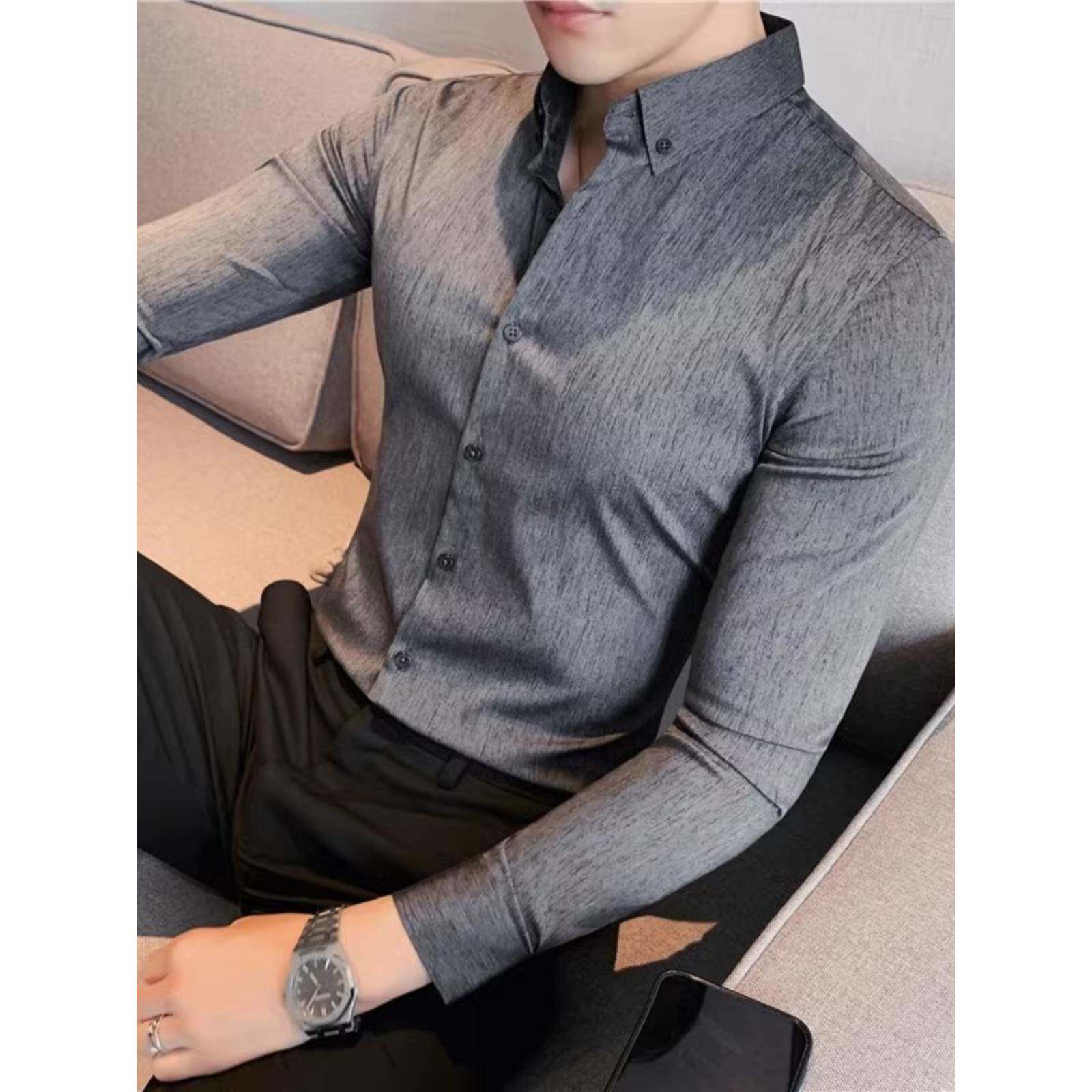 高级感灰色衬衫男长袖修身韩版免烫抗皱高端商务休闲条纹衬衣痞帅