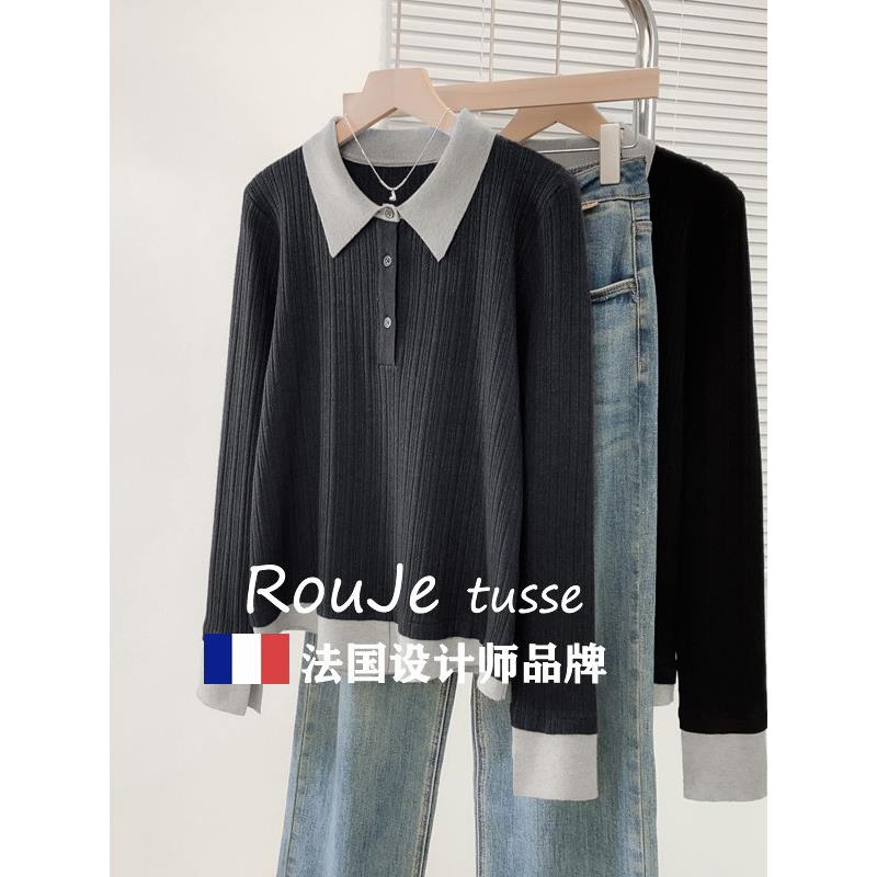 Rouje tusse秋装拼色假两件羊毛针织衫洋气百搭胖MM显瘦羊绒上衣