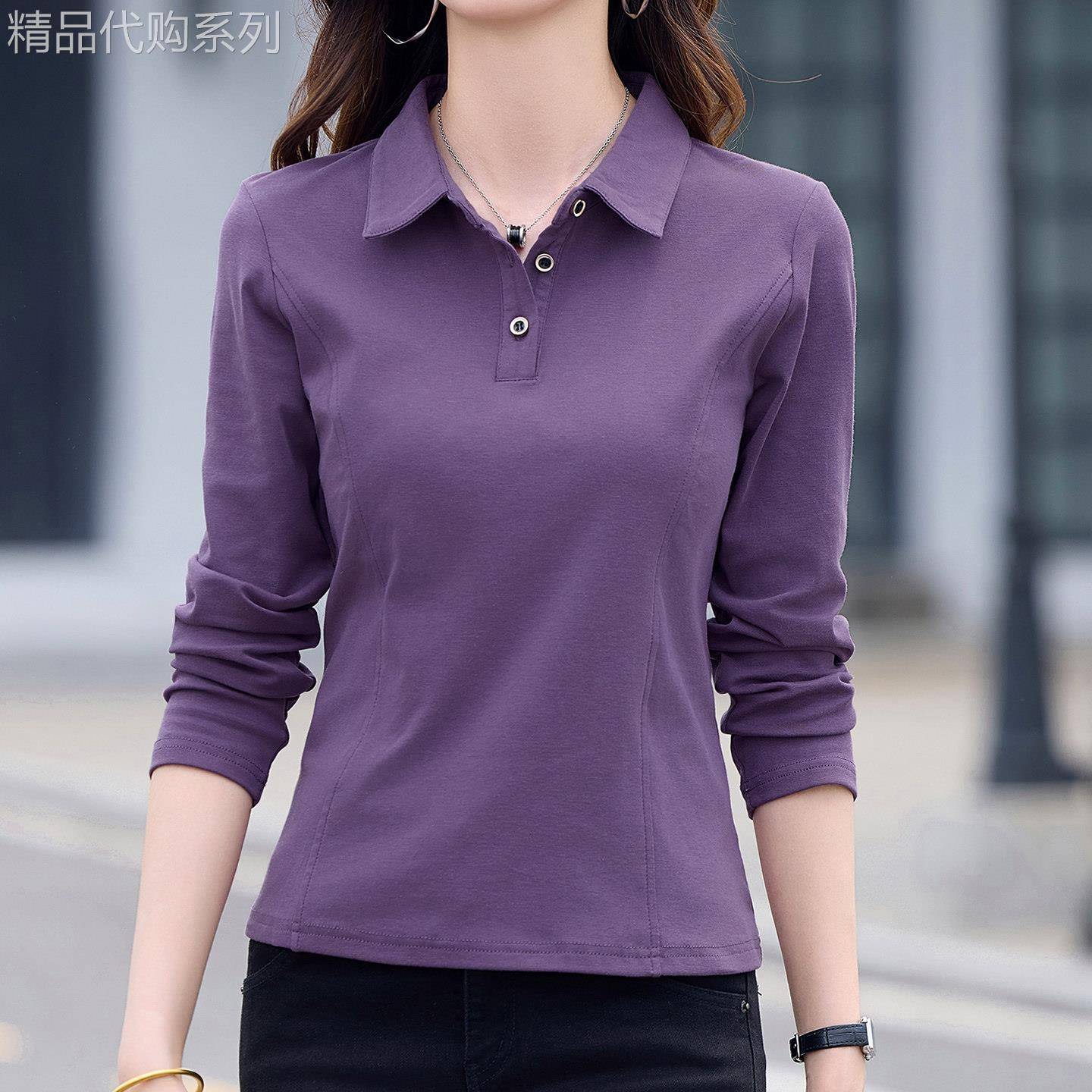 中年妈妈翻领正肩长袖T恤女春季2026新款宽松大码洋气纽扣Polo衫
