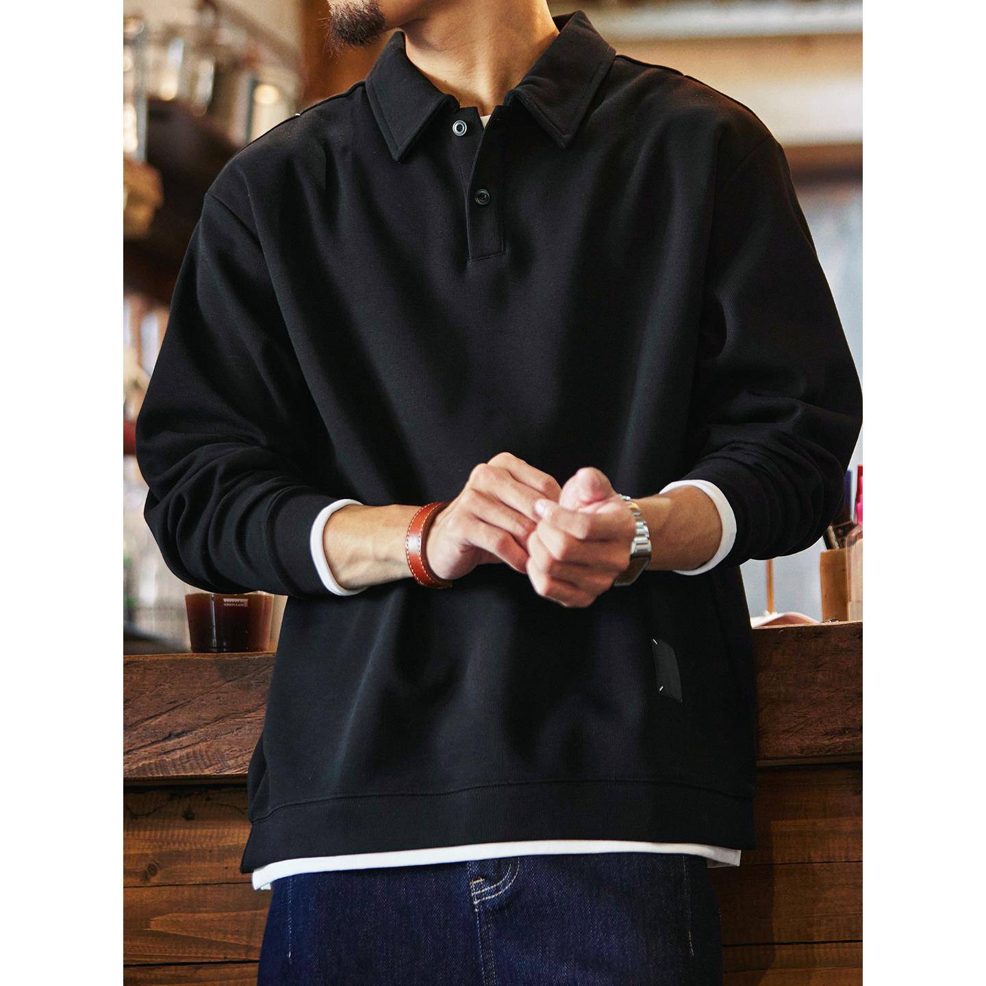 it neith BIAS潮牌假两件美式覆古黑色polo领长袖卫衣男休闲上衣