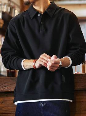 it neith BIAS潮牌假两件美式覆古黑色polo领长袖卫衣男休闲上衣