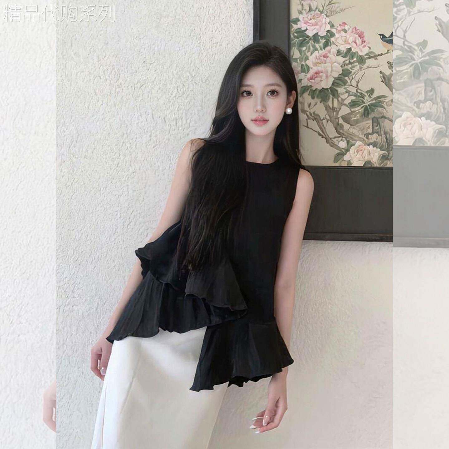 法式小资黑色衬衫女款夏装2026新款不规则下摆轻奢高级感无袖上衣