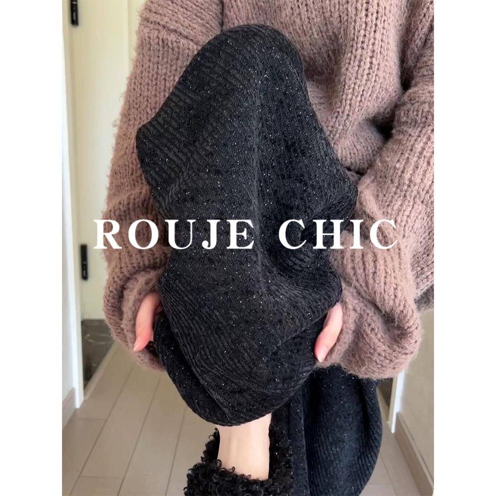 法国rouje chic黑色毛呢细闪条纹阔腿裤女秋冬休闲高腰加绒直筒裤