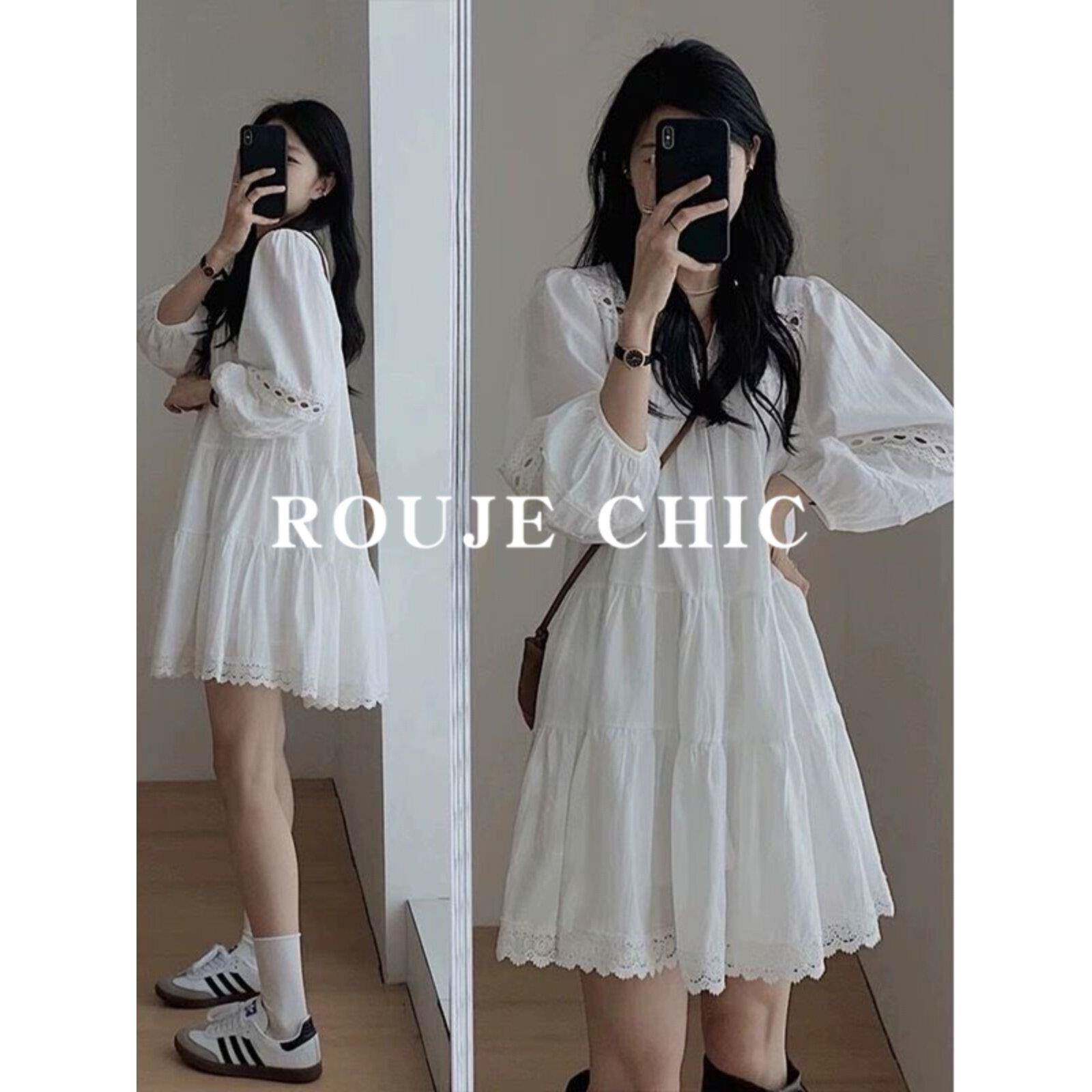 法国Rouje Chic法式白色泡泡袖连衣裙女秋季小个子高级感气质短裙