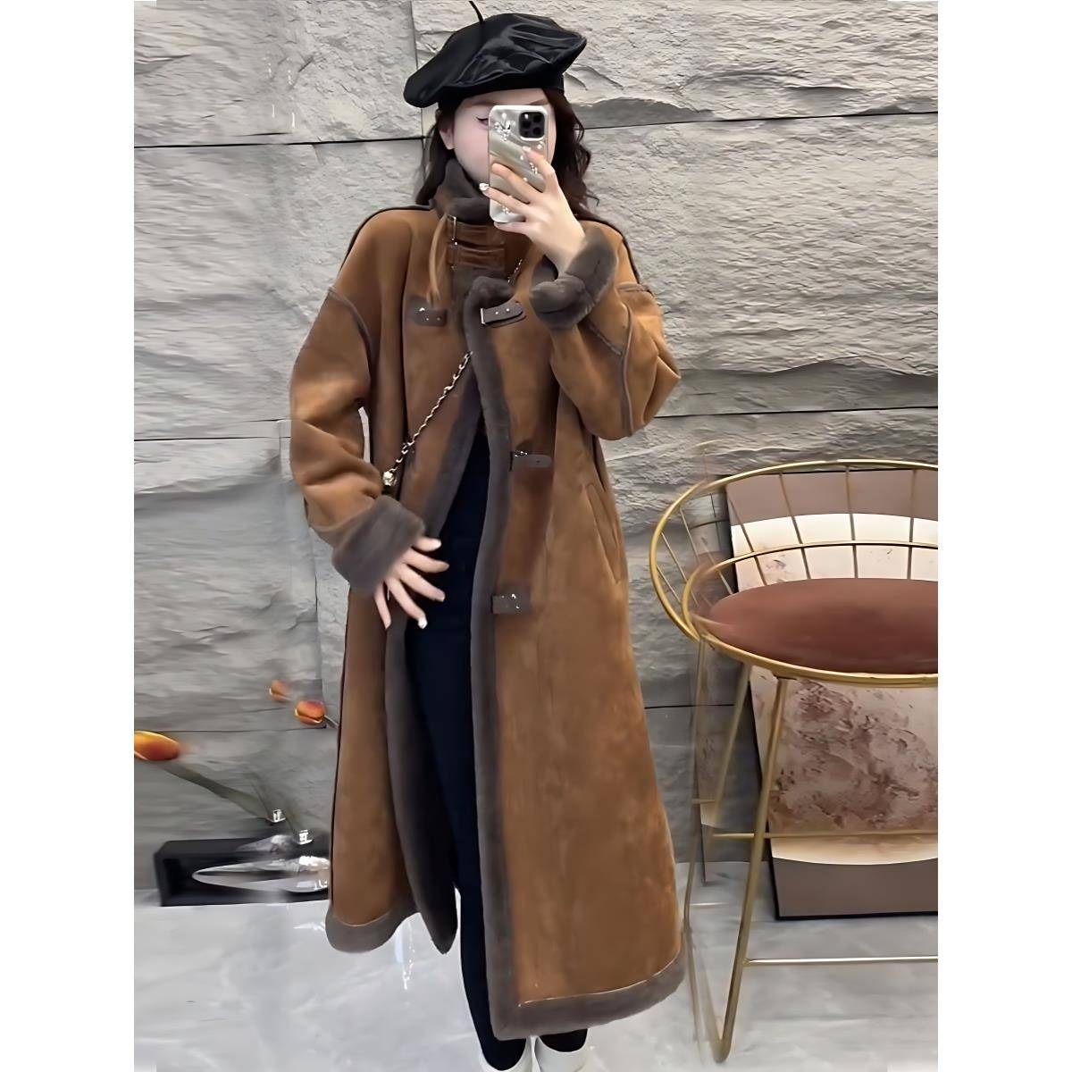 欧洲站时尚感立领中长款皮毛一体大衣女2025年羊羔毛羊剪绒外套潮