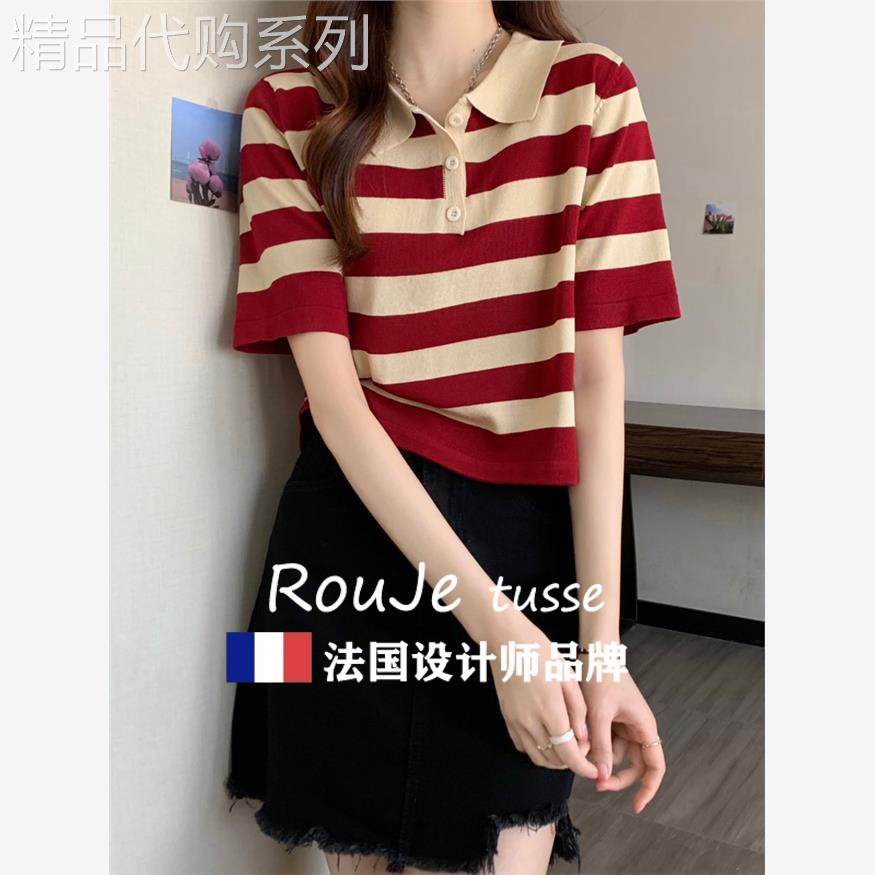 Rouje tusse大尺码女装polo领条纹短袖T恤夏胖mm宽松遮肚子短款上