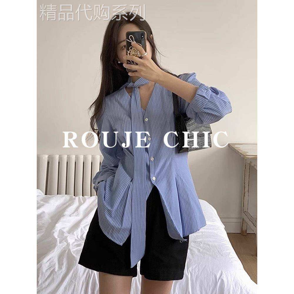 法国rouje chic覆古气质V领排扣条纹衬衫女秋季挂脖飘带百搭长袖
