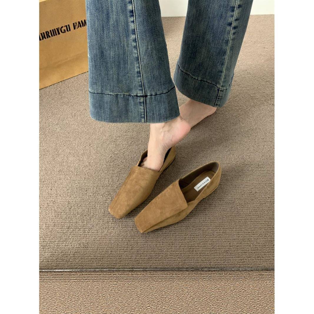 潮牌覆古绒面方头深口平底单鞋2025秋冬新款百搭乐福鞋通勤小皮鞋