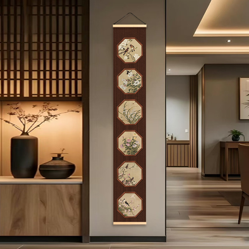 植物花卉竖版装饰画客厅走廊玄关墙上中古风花鸟图案墙面布艺挂帘