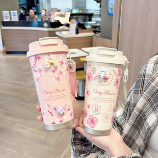 樱花保温杯女生高颜值家用办公吸管杯316不锈钢水杯双饮咖啡杯子