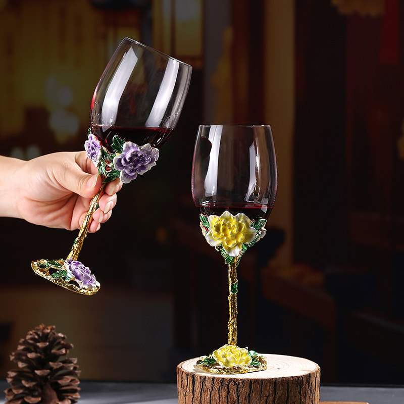 牡丹花红酒杯礼品家用葡萄酒杯醒酒器套装水晶玻璃高脚杯礼盒酒具
