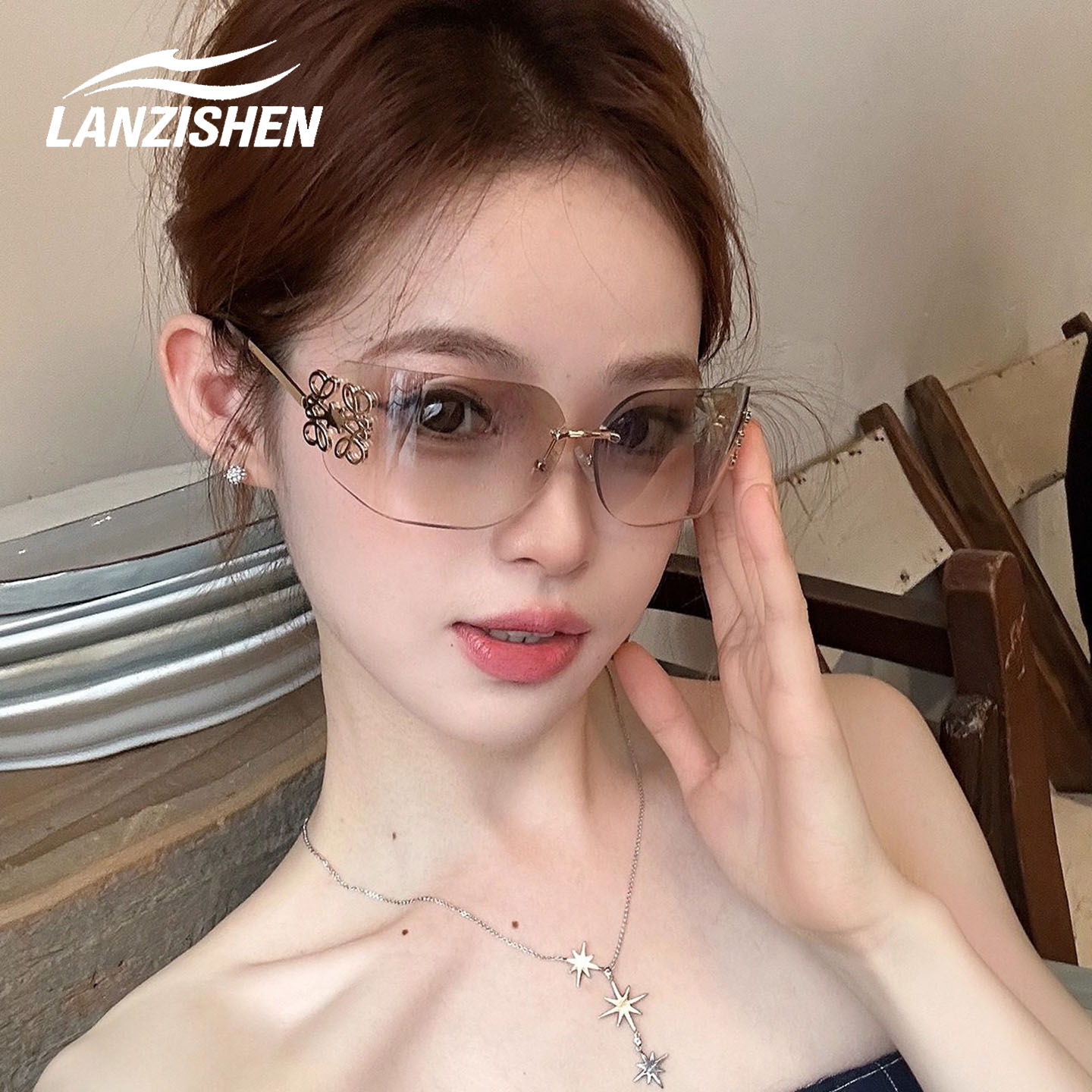 LANZISHEN水银色无框方形墨镜