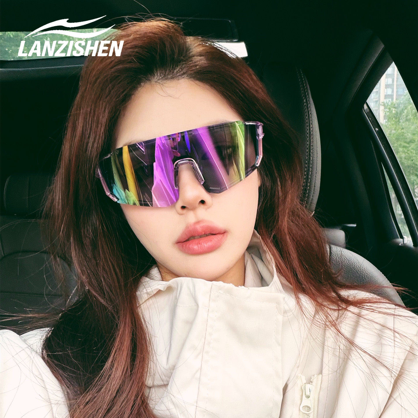 LANZISHEN骑行运动眼镜紫色炫彩反光大框女高级感防紫外线太阳镜