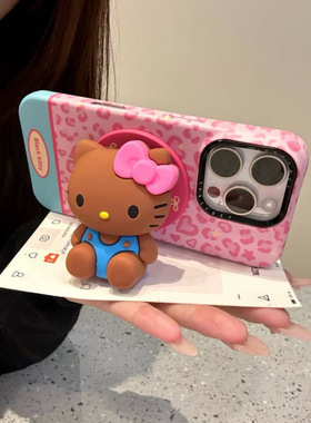 可爱卡通kitt猫黑皮kt手机壳11支架苹果15pro斜挎 iPhone16promax少女创意12玩偶14豹纹粉13日韩8plus创意6s