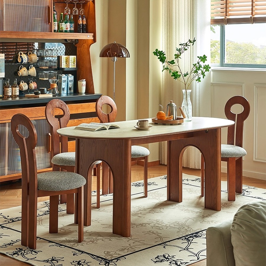 覆古实木岛台餐桌椅洞石2025款家用轻奢简约现代长方形饭桌小户型