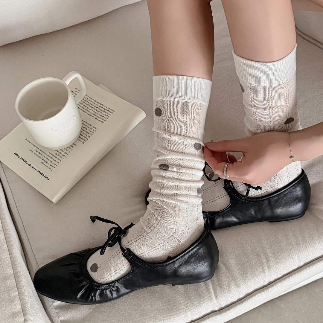 日系波点网眼小腿袜女春夏薄款透气堆堆袜学院风搭配小皮鞋长筒袜