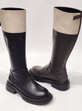 46001清版处理厚底长筒靴女秋冬小众拼色圆头不过膝高筒骑士靴子