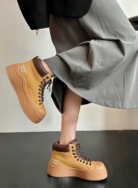 89669特价清版厚底高帮板鞋女新款短靴百搭系带大头老爹休闲鞋