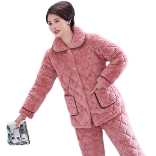 睡衣女冬季加绒加厚珊瑚绒夹棉保暖女士中老年妈妈装家居服秋冬款