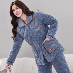睡衣女秋冬款加厚加绒珊瑚绒夹棉中老年人保暖妈妈居家服套装冬季