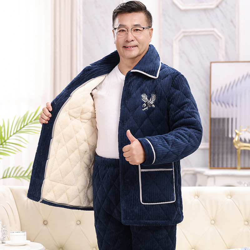 爸爸睡衣男士冬季三层加厚珊瑚绒夹棉保暖棉袄中老年秋冬款家居服