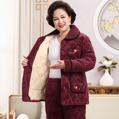 秋冬款 睡衣女冬季 三层加厚加绒珊瑚绒夹棉中老年人妈妈家居服套装
