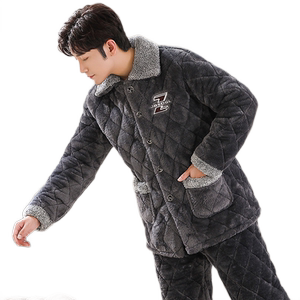 珊瑚绒睡衣男冬季三层加厚夹棉法兰绒保暖加绒男士家居服套装秋冬