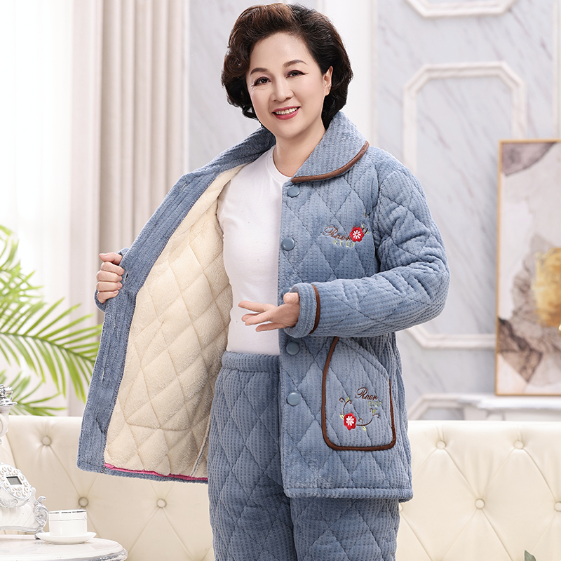 冬季睡衣女加厚加绒珊瑚绒夹棉袄保暖中老年家居服秋冬款妈妈套装