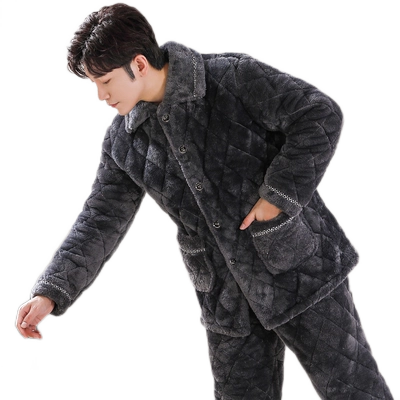 冬季夹棉睡衣男士加厚加绒家居服