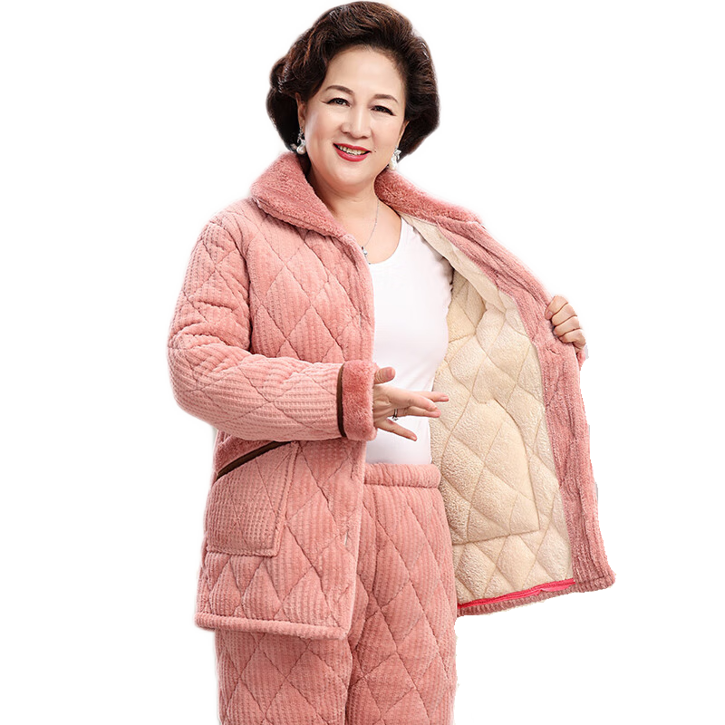 冬季睡衣女加厚加絨珊瑚絨三層夾棉保暖中老年媽媽家居服套裝秋冬