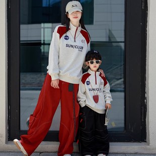 美式运动风亲子装秋季卫衣母女装一家三口复古撞色立领上衣活动服